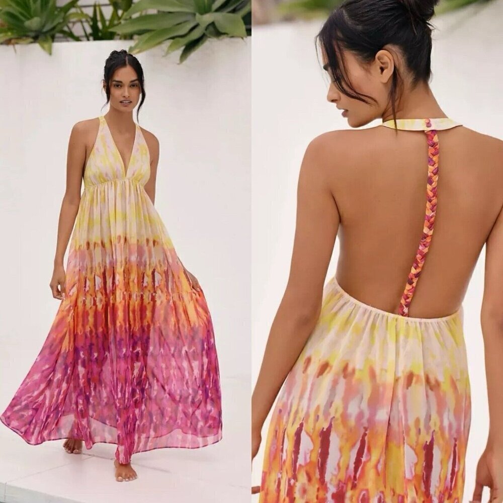 Nwt Anthropologie Sleeveless Tiered Maxi Cover Up Dress L Maxi Pink Yellow